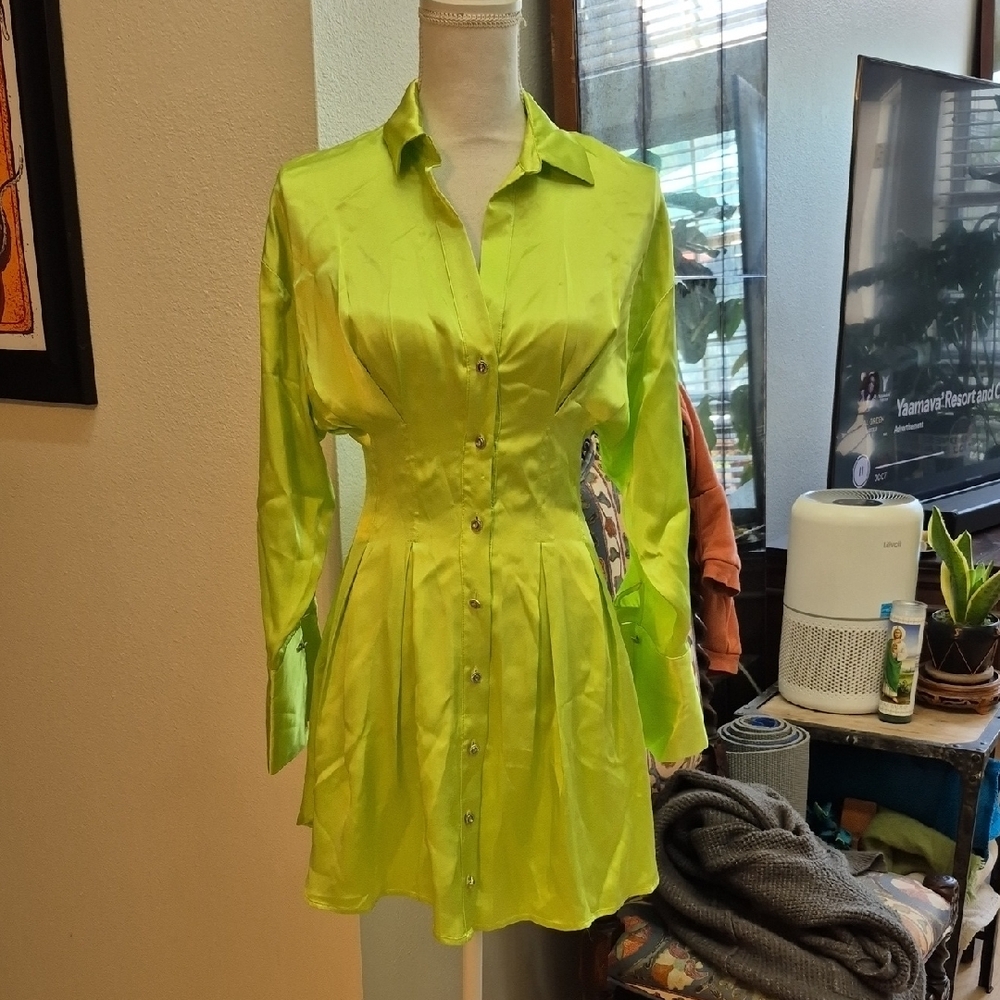 Zara Highlighter Green Satin Mini Dress Button Up Long Sleeve V Neck